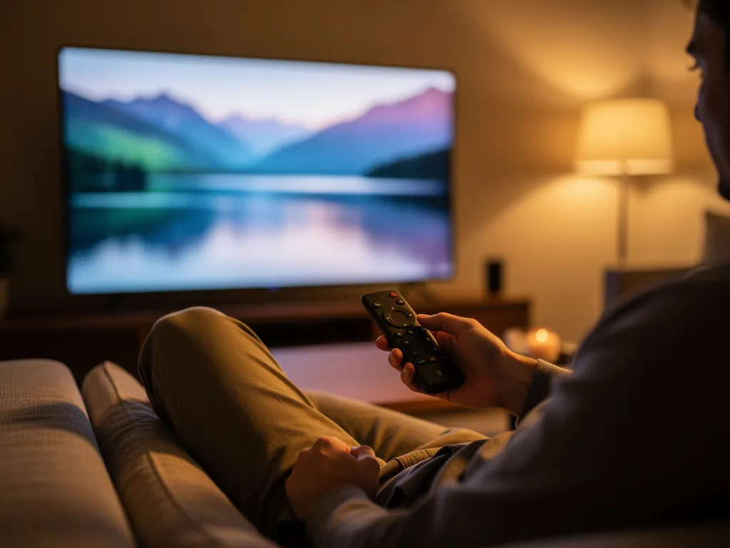 Living room evening with Fire TV remote and wall TV ready to diagnose IPTV freezing and black screen issues