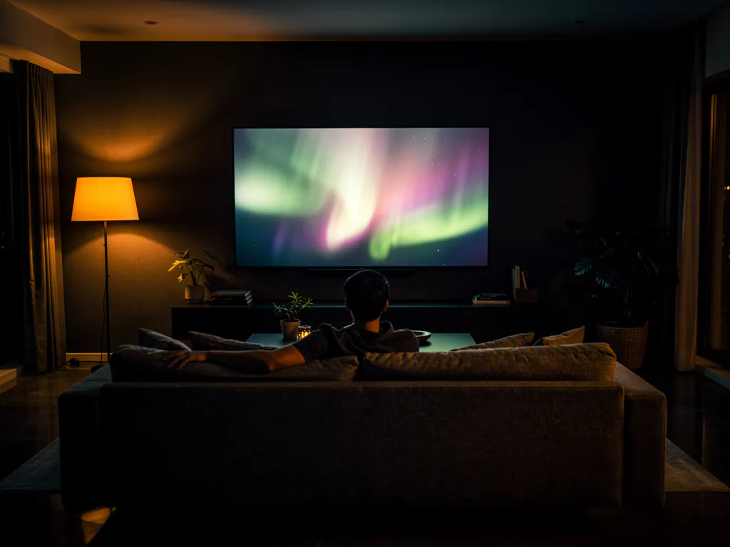Cozy dark living room at night with a wall-mounted television glowing softly as IPTV buffers during prime time