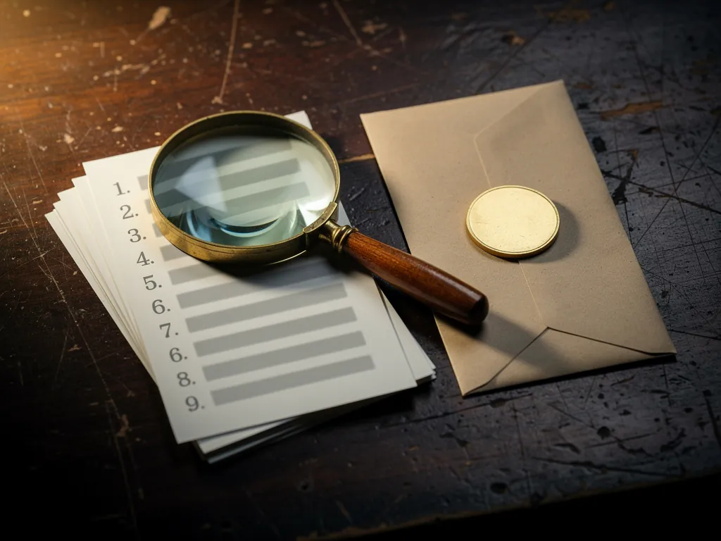 A magnifying glass resting on a stack of blurred top-ten ranking printouts next to a sealed envelope with a gold coin on it, the IPTV comparison sites sponsored economy in one still life
