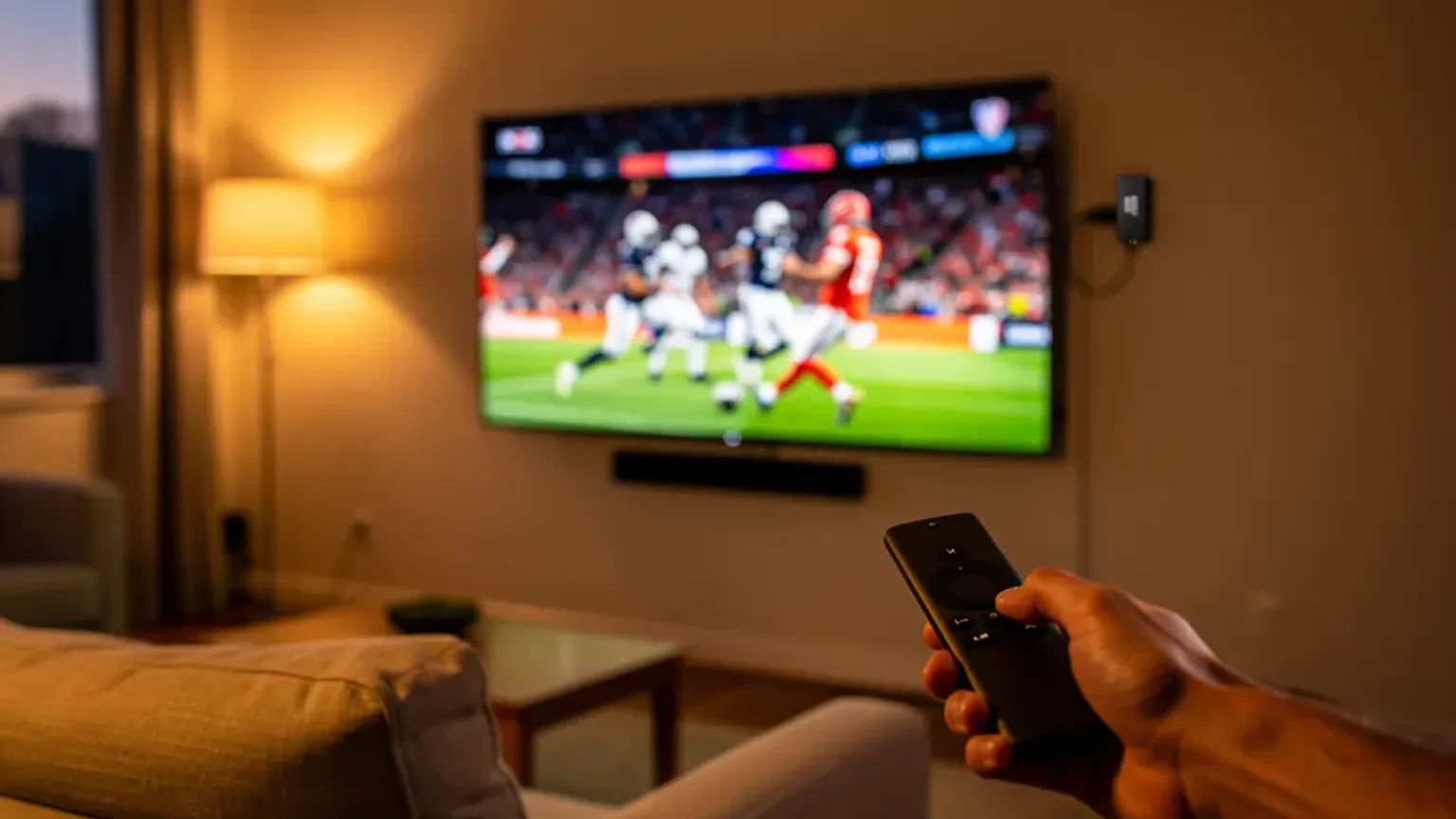 Person on a sofa holding a credit card while testing how to pay for IPTV safely, a calm evening football match on the wall-mounted TV
