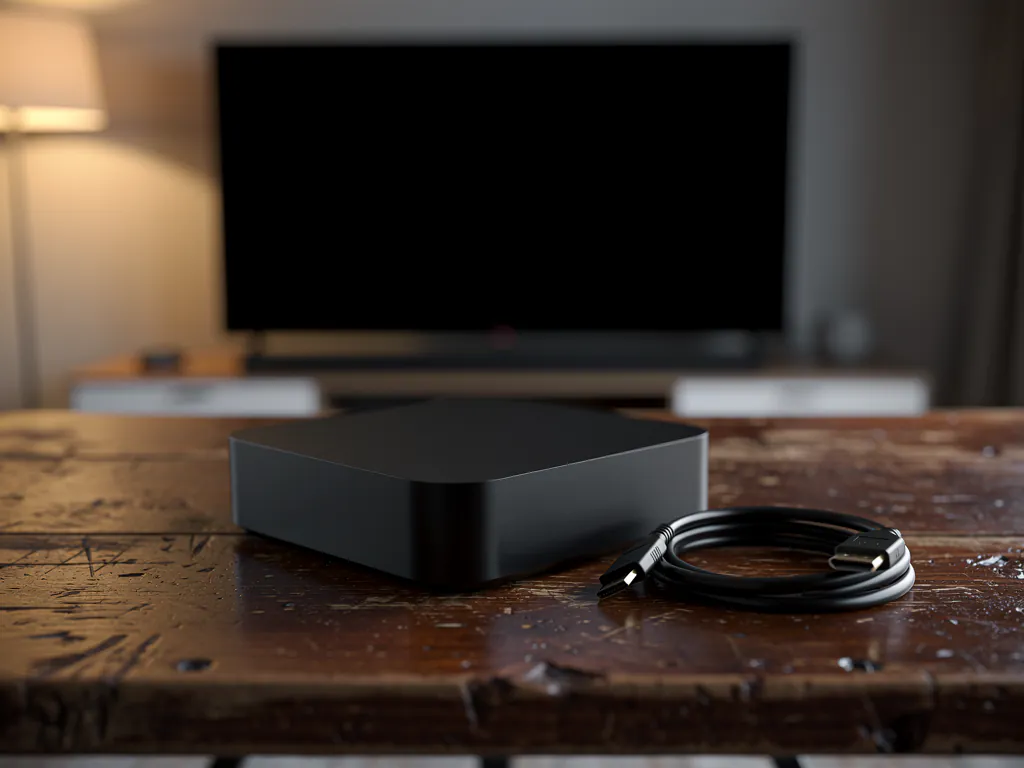 Unplugged black streaming box and HDMI cable on a wooden table in front of a powered-off TV, the classic IPTV scam how to avoid still life