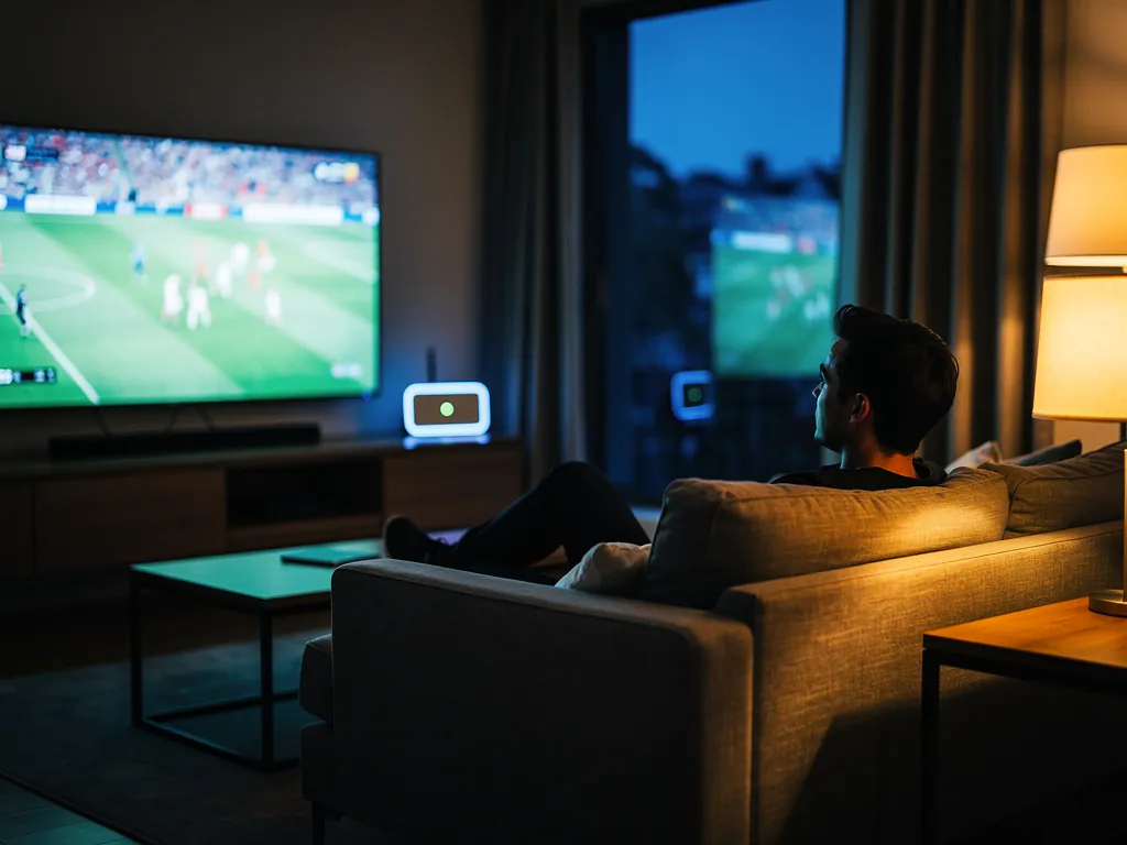 A person watching IPTV on a glowing TV at night with a small VPN router on the media console, testing for ISP throttling