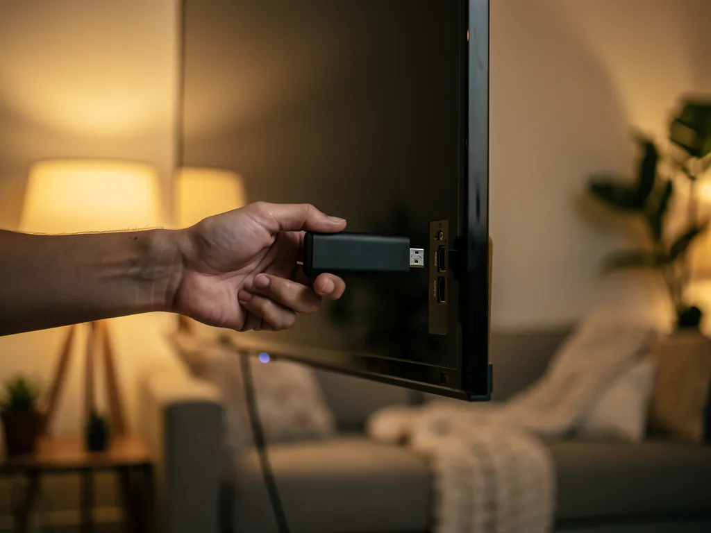 A hand plugging a streaming stick into a wall-mounted TV in a cozy living room during a Layerseven TV Firestick setup