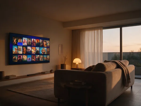 A Layerseven TV film grid on a wall-mounted television in a lamp-lit living room
