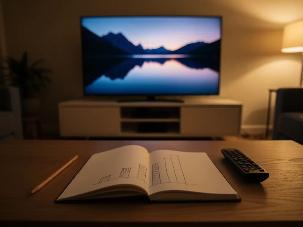 A notebook with a hand-drawn bar chart comparing Layerseven TV price plans on a coffee table in front of a wall-mounted TV