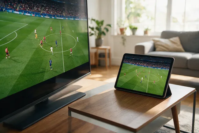 A live football match on the television and mirrored on a tablet, both streaming through Layerseven TV