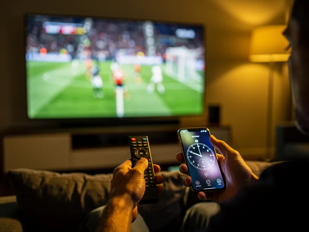 Testing an IPTV free trial by timing a live sports stream on a living-room television at night